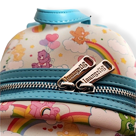 Loungefly Care Bears AOP Rainbow & Clouds Mini Backpack, White & Turquoise, NEW
